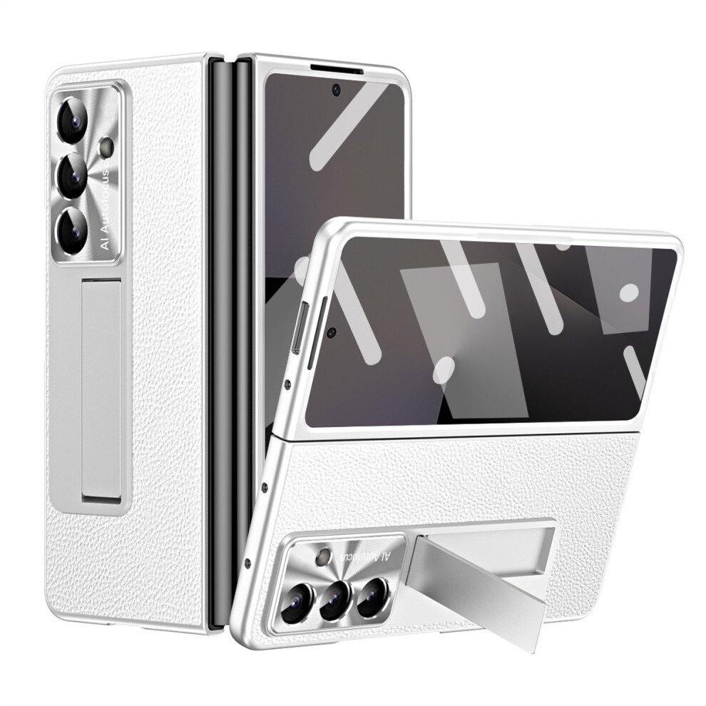 (Silver) For Samsung Galaxy Z Fold7 5G Case Kickstand Leather + Pc Phone Cover With Tempered Glass Film Silver 6914292357022