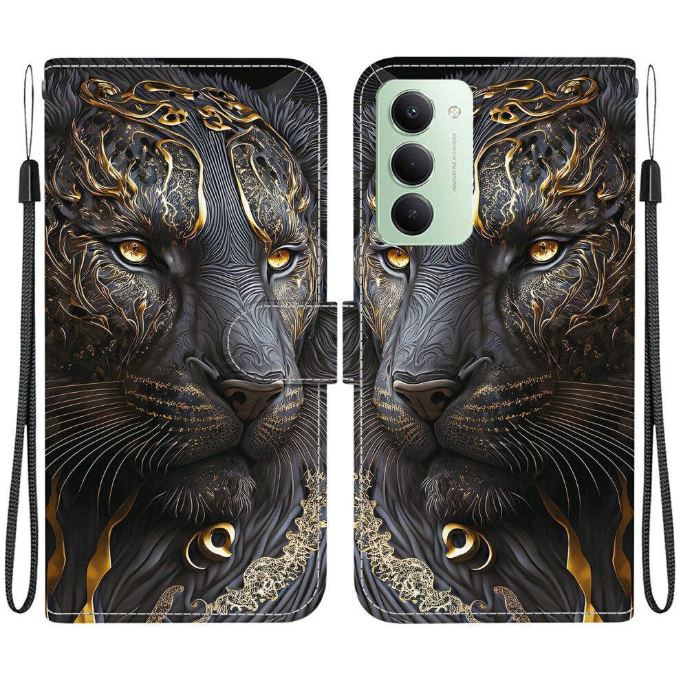 (Black Gold Lion) For Xiaomi Redmi 15 5G (Global) (169Mm) Leather Case Stand Wallet Pattern Printing Phone Cover With Wrist Strap Black,Gold 6914293333063
