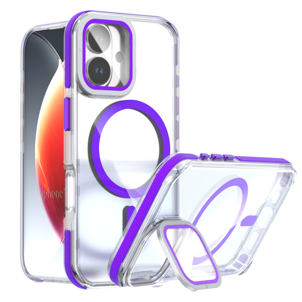 (Purple) For Iphone 17 Magnetic Case Tpu Acrylic Clear Phone Back Cover With Lens Protector Kickstand Purple 6914296692464
