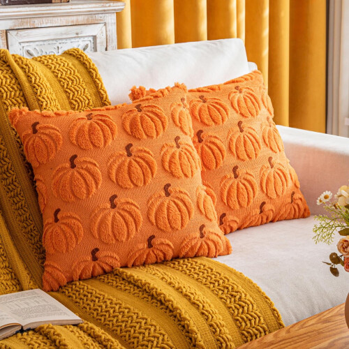 Capas de almofada decorativas com estampa de abóbora, 45x45 cm (18x18 polegadas), conjunto com 2 unidades, laranja.