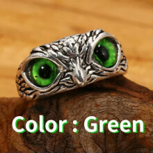 Bague hibou argentée RSAMD925, yeux multicolores, doigt ouvert, bijou unisexe ajustable, hibou mignon aux yeux verts