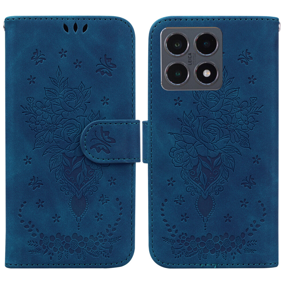 (Blue) For Xiaomi 15T Case Butterfly Flower Imprint Pu Leather Wallet Phone Cover With Strap Blue 6914292968471