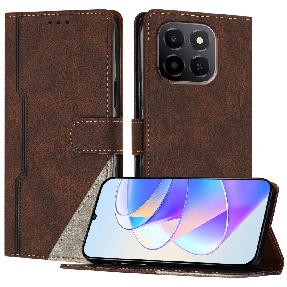 (Brown) For Honor X5b / Honor X5b Plus / Honor X6c 4G Leather Case Triangle Patchwork Wallet Stand Shockproof Phone Cover Brown 6914294034549