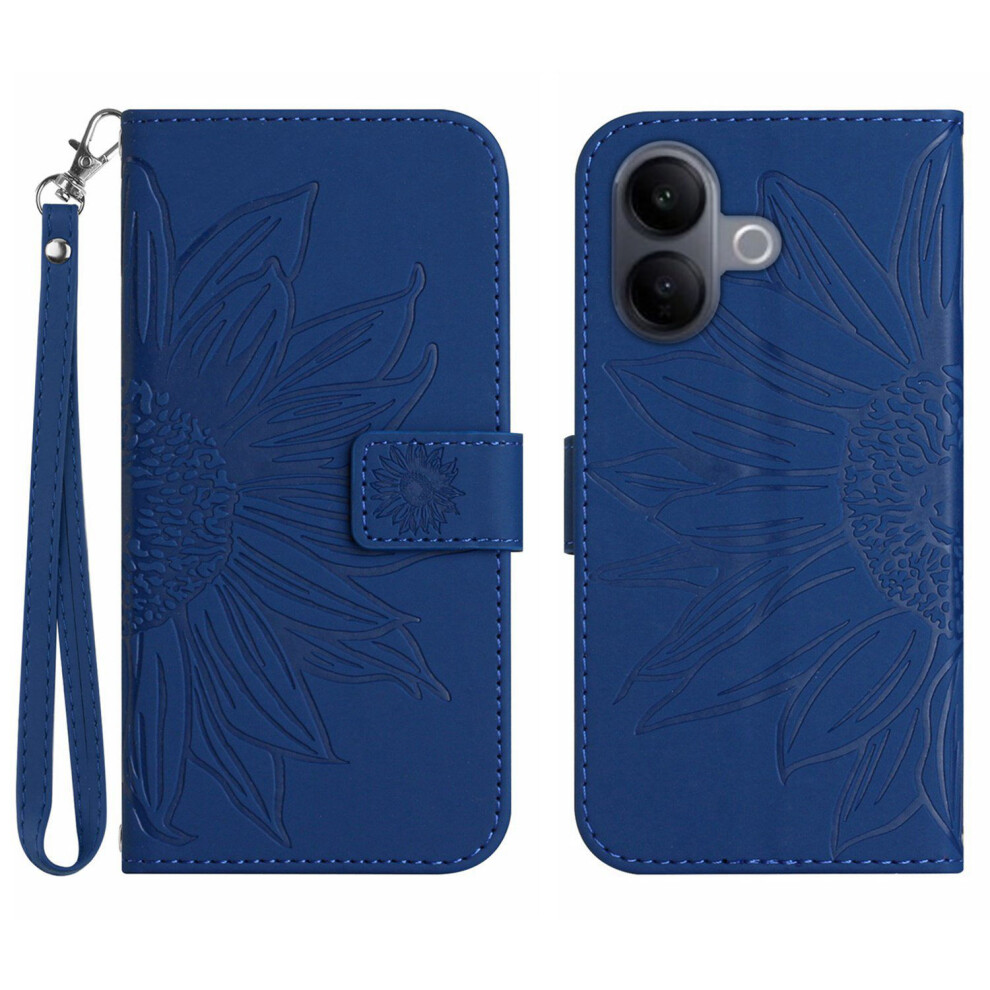 (Sapphire) For Vivo V60 Lite 5G Case Sunflower Imprint Leather Wallet Phone Cover With Wrist Strap Blue 6914291176846