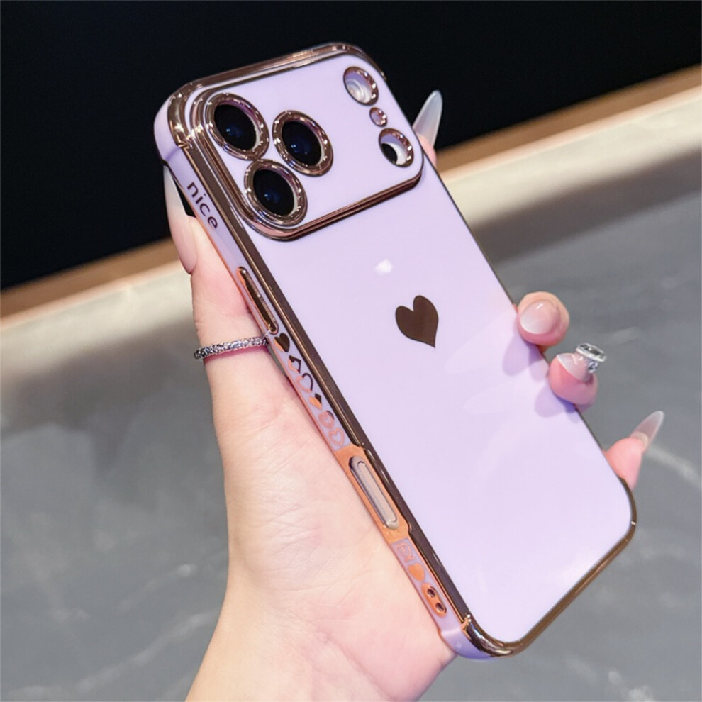 (Purple) For Iphone 17 Pro Case Tpu Phone Back Cover Electroplating Heart Pattern Purple 6914296186307