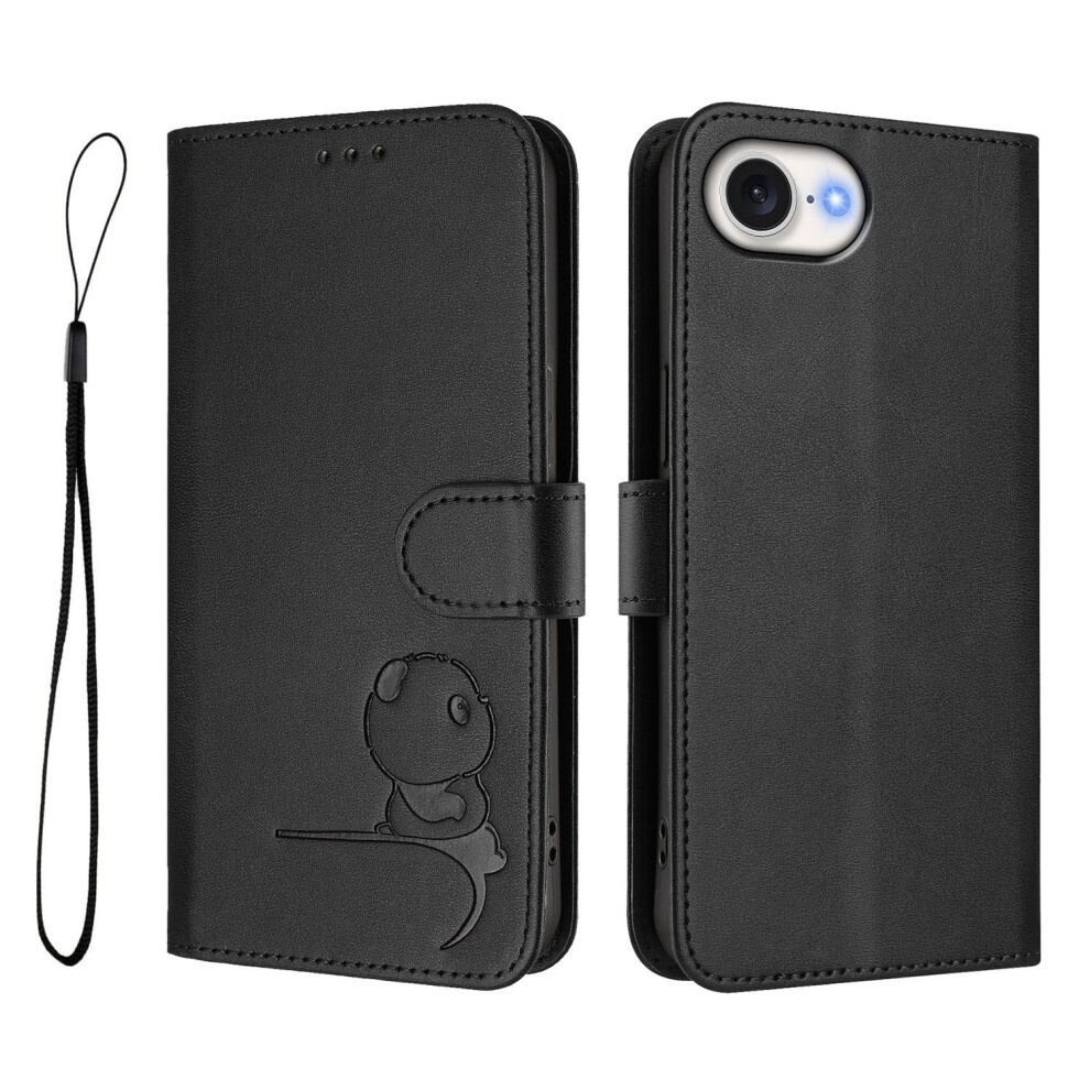 (Black) For Iphone 17E / 16E Case Panda Imprint Rfid Blocking Wallet Leather Phone Cover With Wrist Strap Black 6914296331769