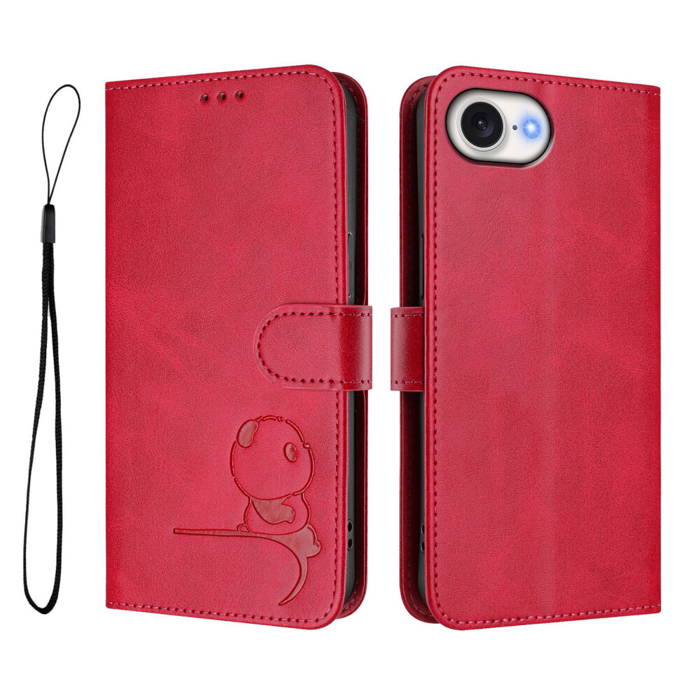 (Rose) For Iphone 17E / 16E Case Panda Imprint Rfid Blocking Wallet Leather Phone Cover With Wrist Strap 6914297291543