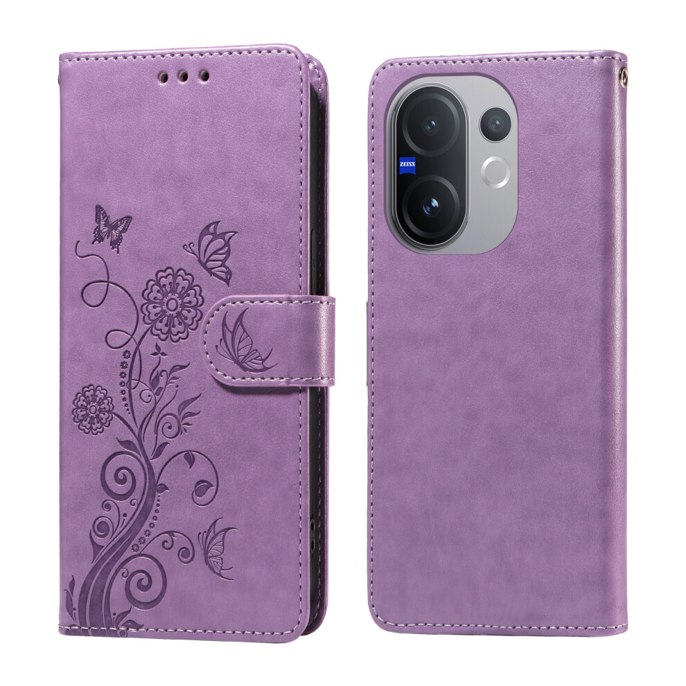 (Purple) For Vivo V60 5G Leather Case Butterfly Floral Imprint Wallet Stand Cover Purple 6914293294913