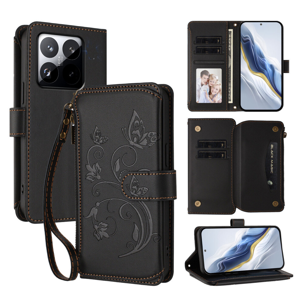 (Black) For Xiaomi 15T Leather Case Butterfly Floral Imprint Zipper Wallet Stand Cover With Wrist Strap Black 6914291823979