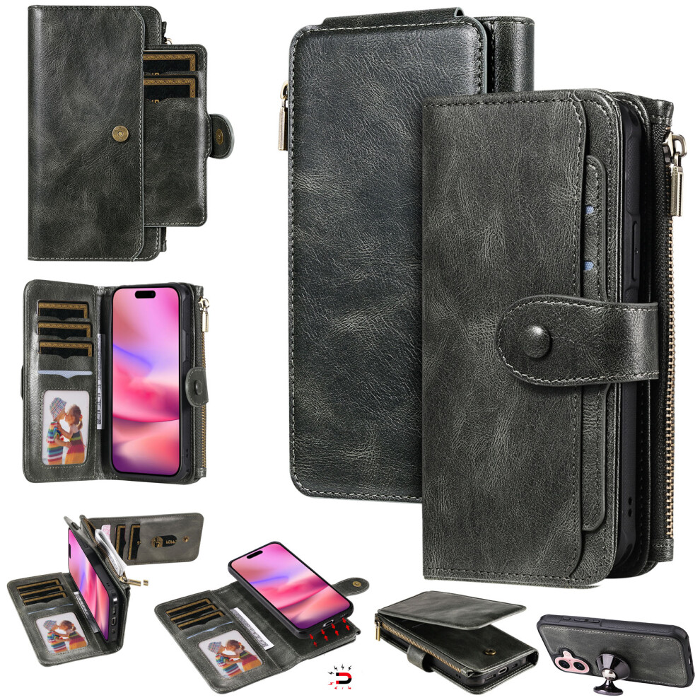 (Green) For Iphone 17 Phone Case Pu Leather Zipper Wallet Detachable Cover Green 6914299003236