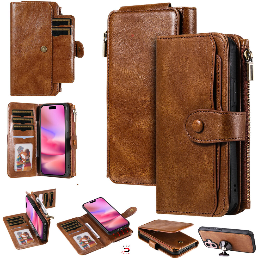 (Brown) For Iphone 17 Phone Case Pu Leather Zipper Wallet Detachable Cover Brown 6914290375103