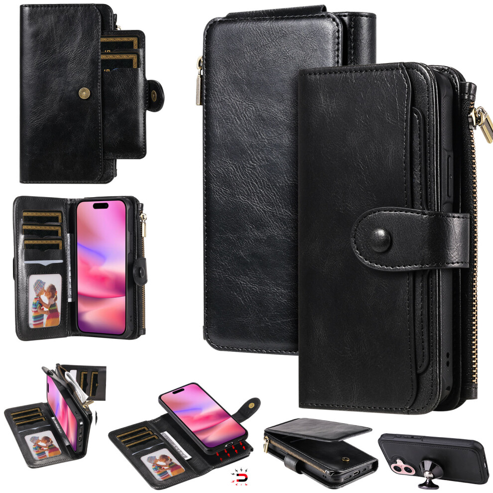 (Black) For Iphone 17 Phone Case Pu Leather Zipper Wallet Detachable Cover Black 6914299437963