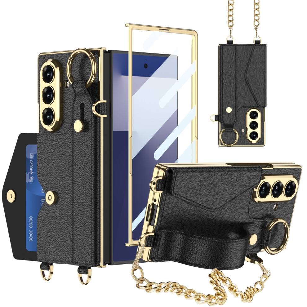 (Black) Gkk For Samsung Galaxy Z Fold7 5G Case With Pu Strap Kickstand / Metal Chain / Screen Film Electroplated Pc Phone Cover Black 6914297440590