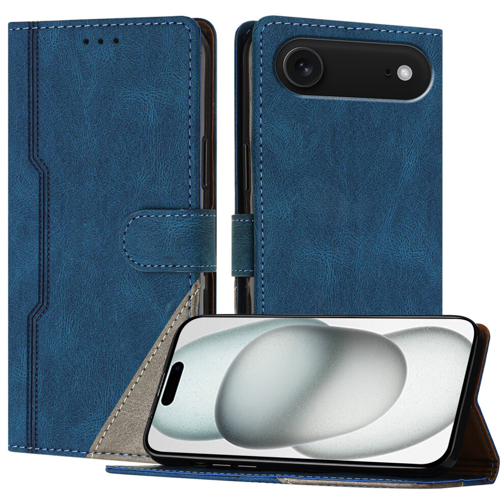 (Blue) For Iphone Air Leather Case Triangle Patchwork Wallet Stand Shockproof Phone Cover Blue 6914297266343