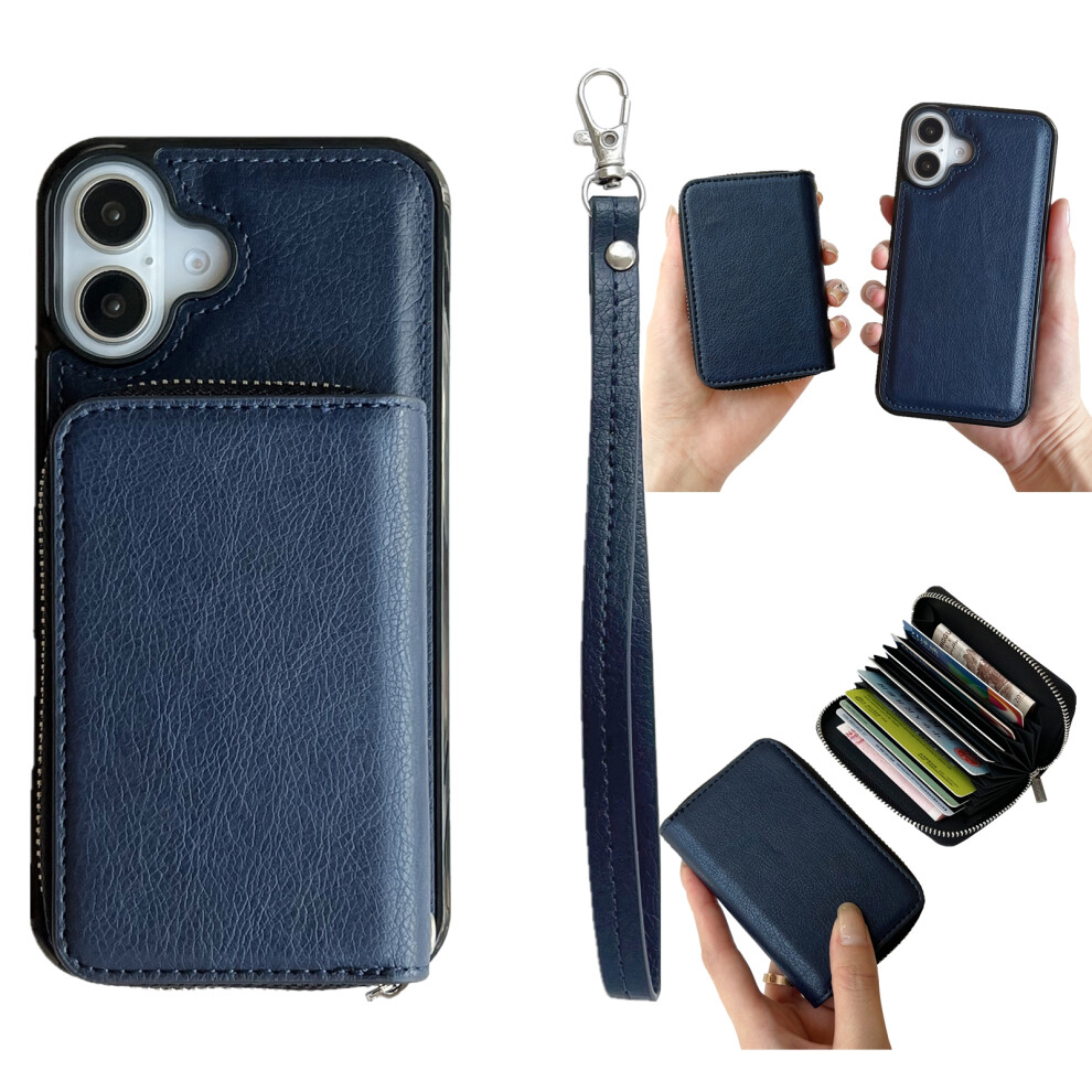 (Sapphire) For Iphone 17 Case Detachable Zipper Card Bag Pu Tpu Kickstand Phone Case With Strap Blue 6914290508266