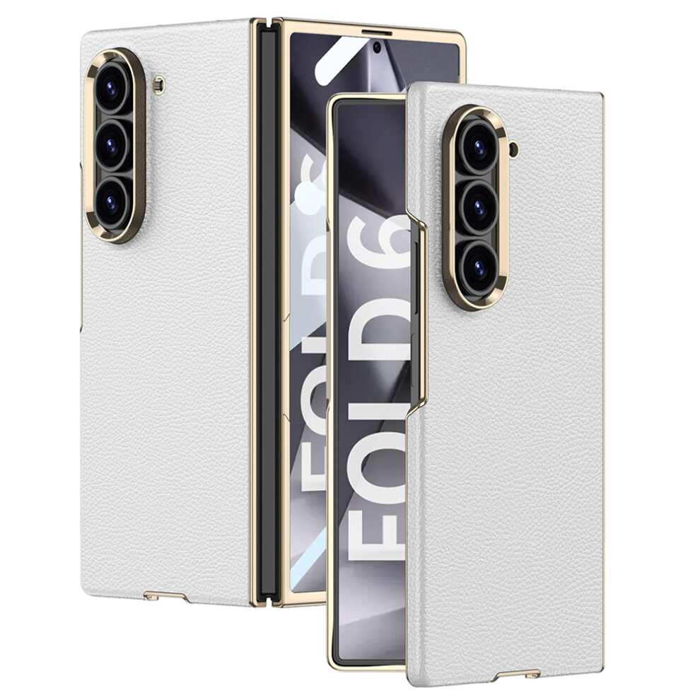 (White) Gkk For Samsung Galaxy Z Fold6 5G Case Electroplated Pc + Pu Phone Cover With Tempered Glass Front Film White 6914291215873