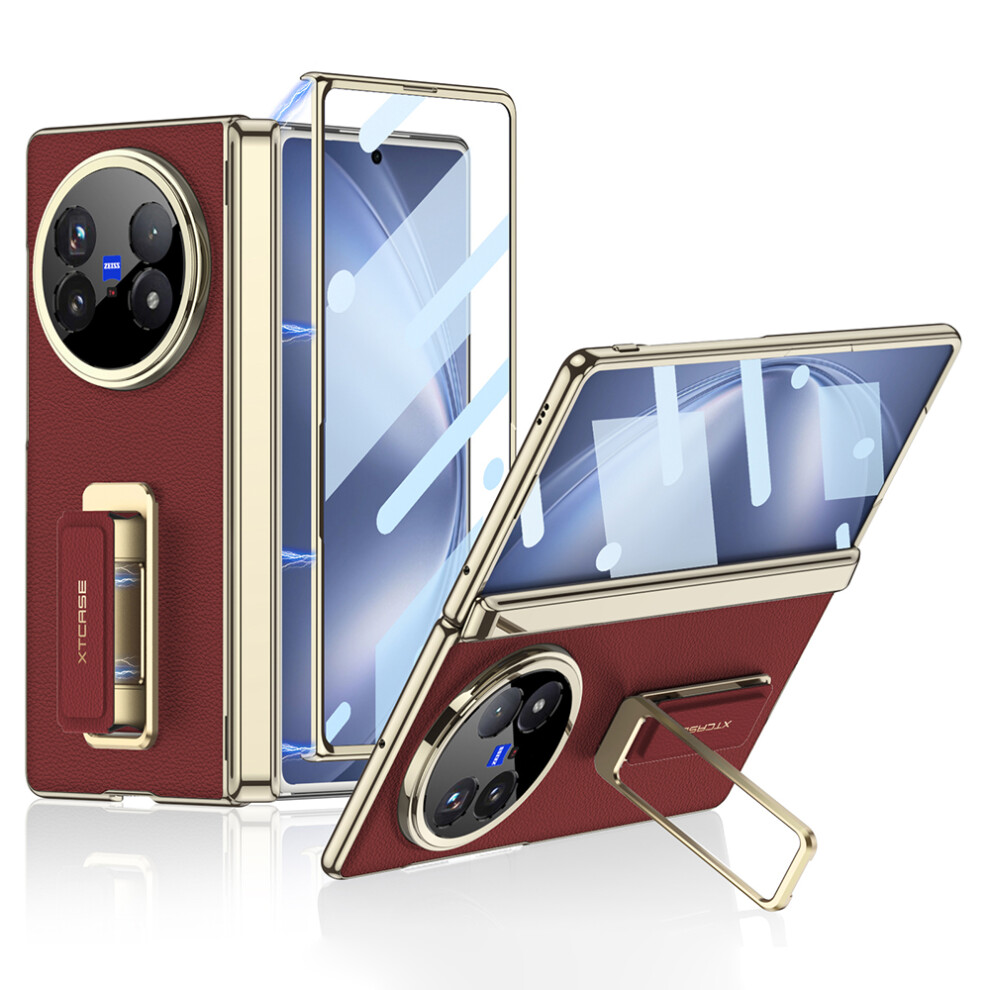 (Red) Gkk For Vivo X Fold5 5G Case With Kickstand / Wrist Strap / Tempe Glass Film Pu + Pc Phone Cover Red 6914295173315