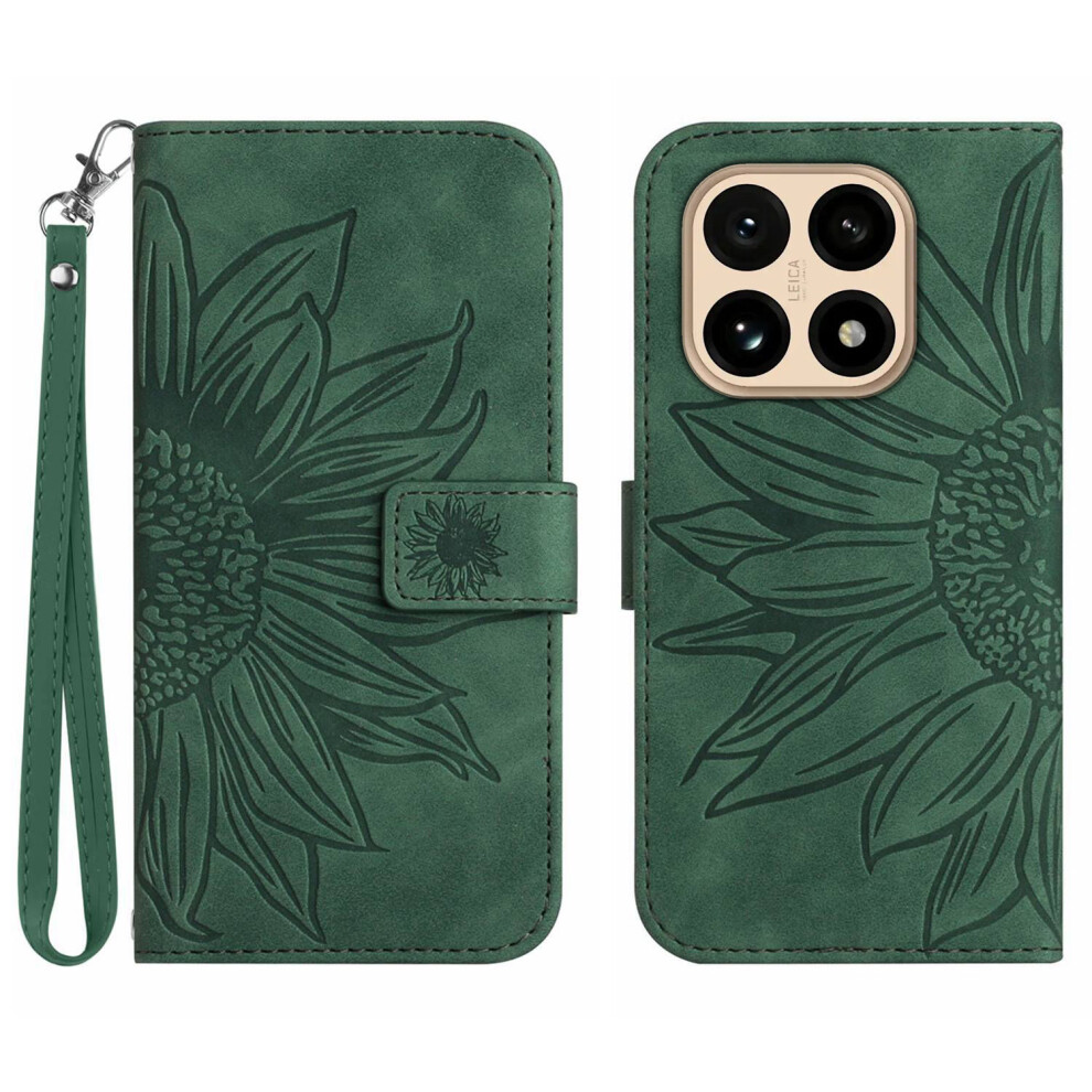 (Dark ) For Xiaomi 15T Case Sunflower Imprint Leather Wallet Phone Cover With Wrist Strap Green 6914299959076