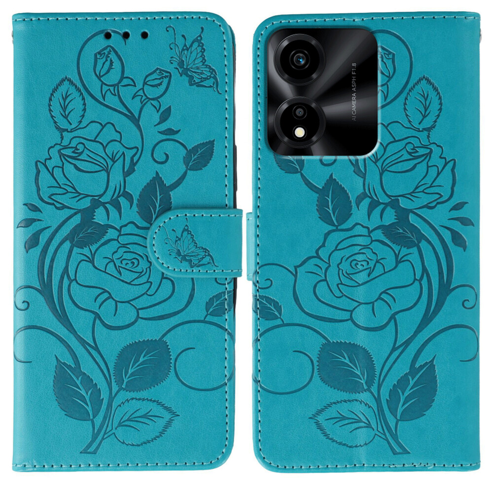 (Blue) For Honor X5c Plus 4G / X5c 4G Case Wallet Stand Imprinted Rose Butterfly Pu Leather Phone Cover Blue 6914297325859