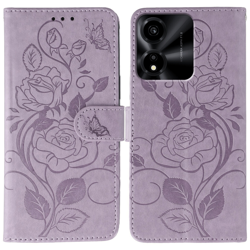 (Purple) For Honor X5c Plus 4G / X5c 4G Case Wallet Stand Imprinted Rose Butterfly Pu Leather Phone Cover Purple 6914296989601