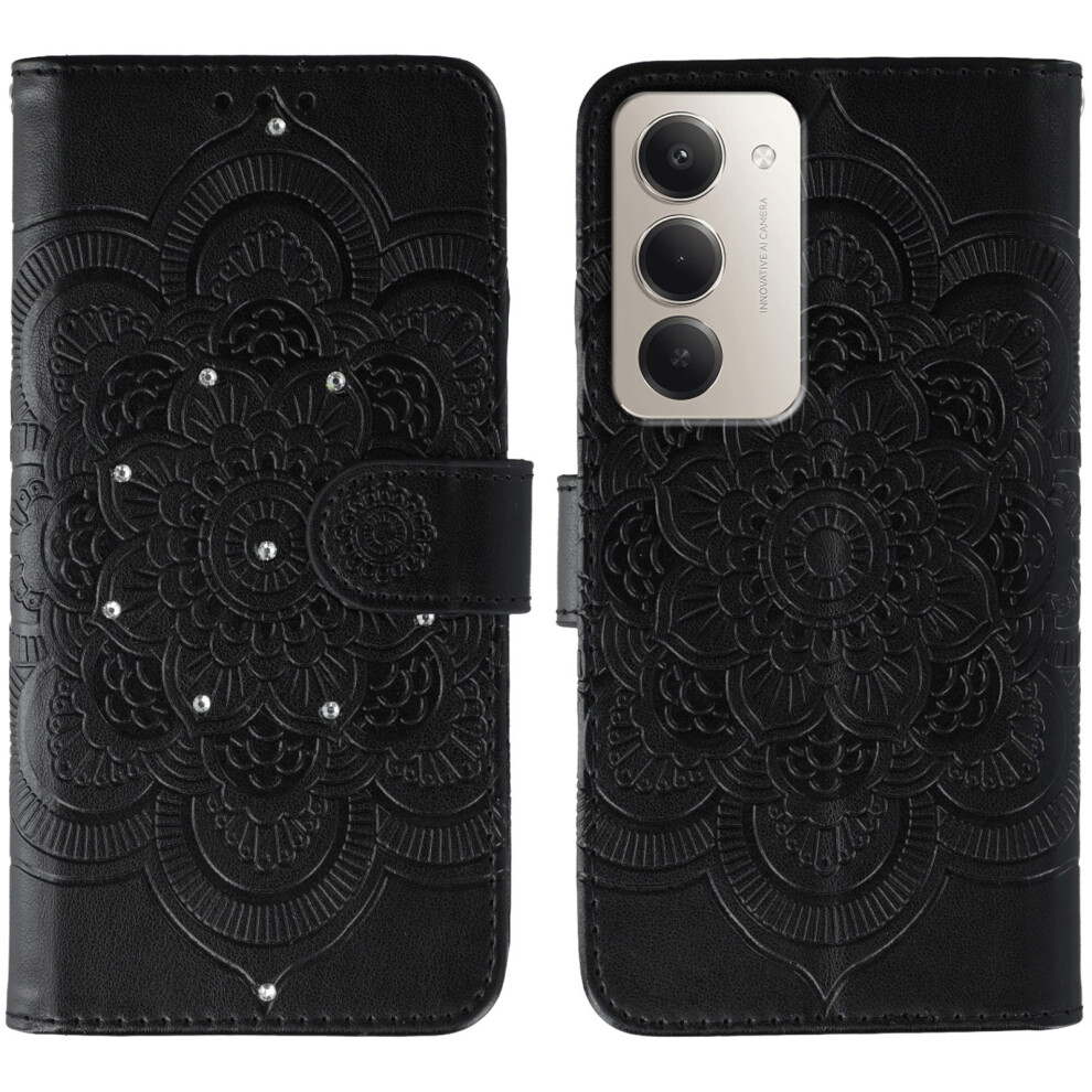 (Black) For Xiaomi Redmi 15 4G (Eu) (171Mm) Case Rhinestone Decor Pu Leather Mandala Imprint Phone Cover With Wrist Strap Black 6914290279845
