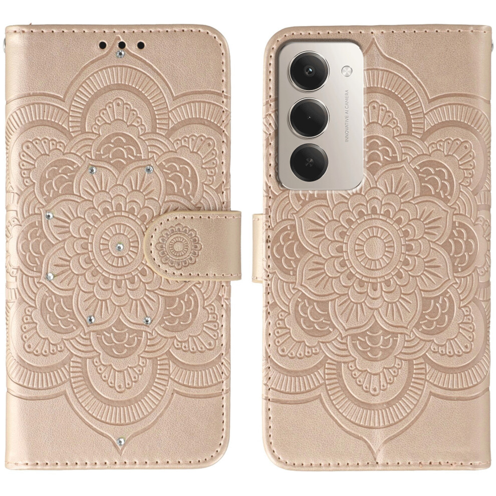 (Rose ) For Xiaomi Redmi 15 4G (Eu) (171Mm) Case Rhinestone Decor Pu Leather Mandala Imprint Phone Cover With Wrist Strap Gold 6914291920517