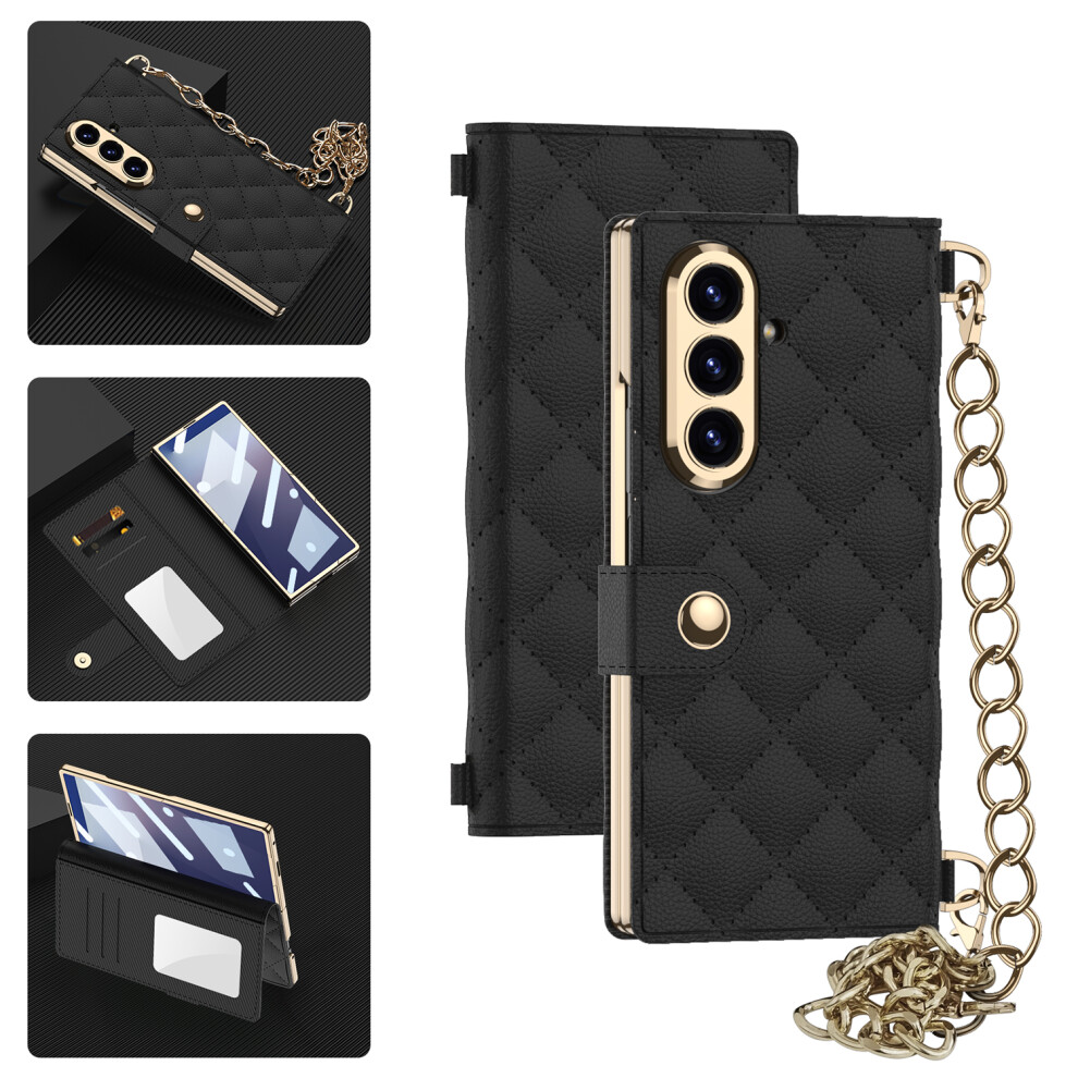 (Black) Gkk For Samsung Galaxy Z Fold7 5G Case Rhombus Leather Phone Cover With Tempered Glass Film / Hand Chain Strap Black 6914292470516