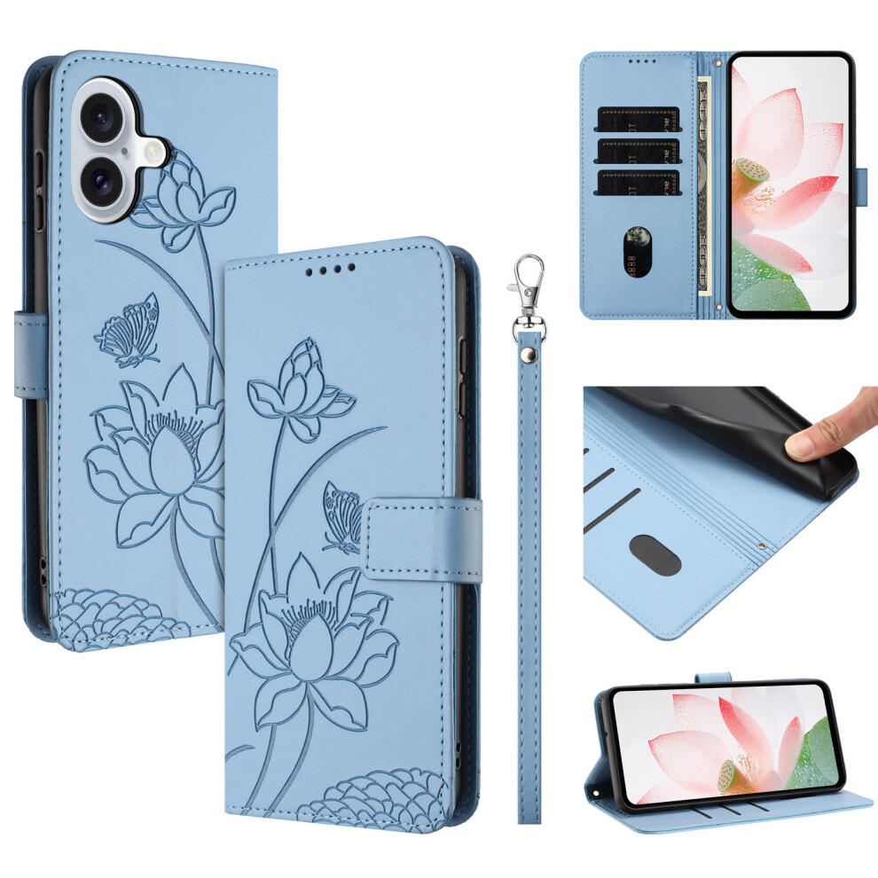 (Blue) For Iphone 17 Case Wallet Stand Lotus Imprint Leather Phone Cover With Wrist Strap Blue 6914290117840