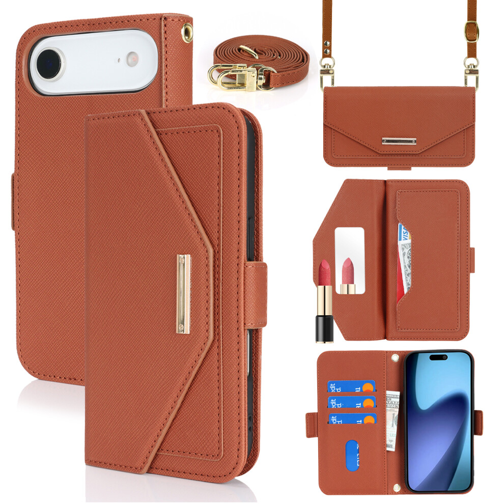 (Brown) For Iphone Air Stand Case Cross Texture Pu Leather Wallet Phone Cover With Shoulder Strap / Makeup Mirror Brown 6914294693975