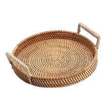 Panier de service en osier tressé à la main avec poignées, plateau à thé et fruits, plateau en rotin pour gâteaux, boissons, décoration de