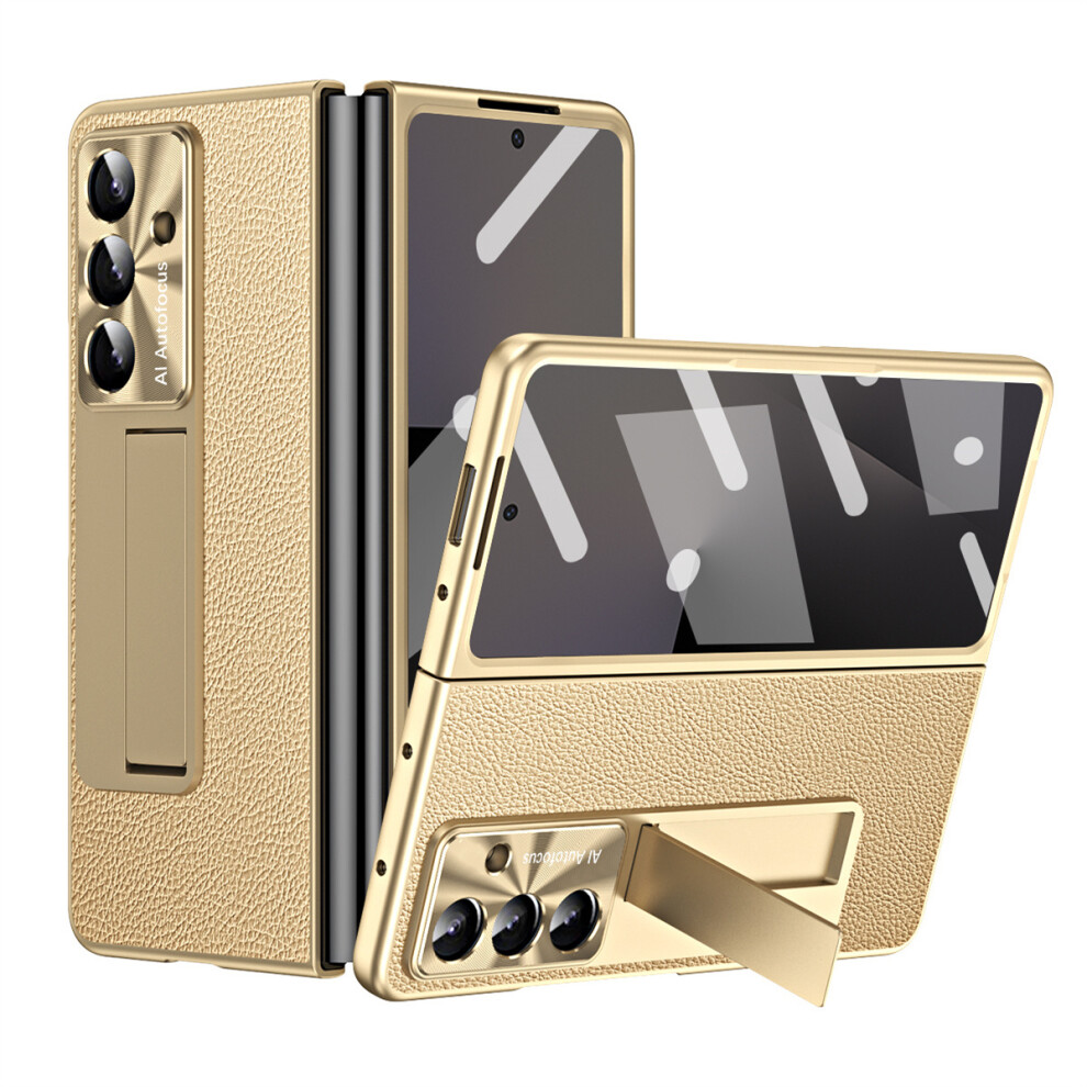 (Gold) For Samsung Galaxy Z Fold7 5G Case Kickstand Leather + Pc Phone Cover With Tempered Glass Film Gold 6914296207200