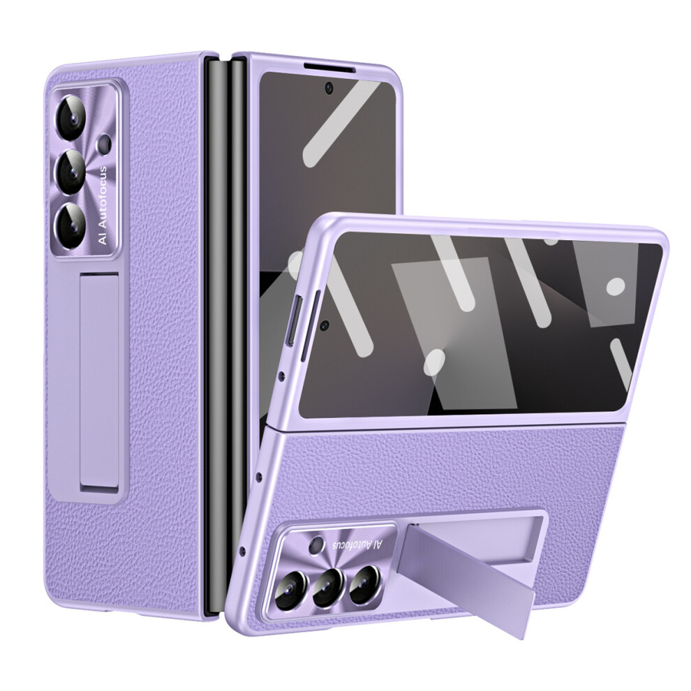 (Purple) For Samsung Galaxy Z Fold7 5G Case Kickstand Leather + Pc Phone Cover With Tempered Glass Film Purple 6914293090409