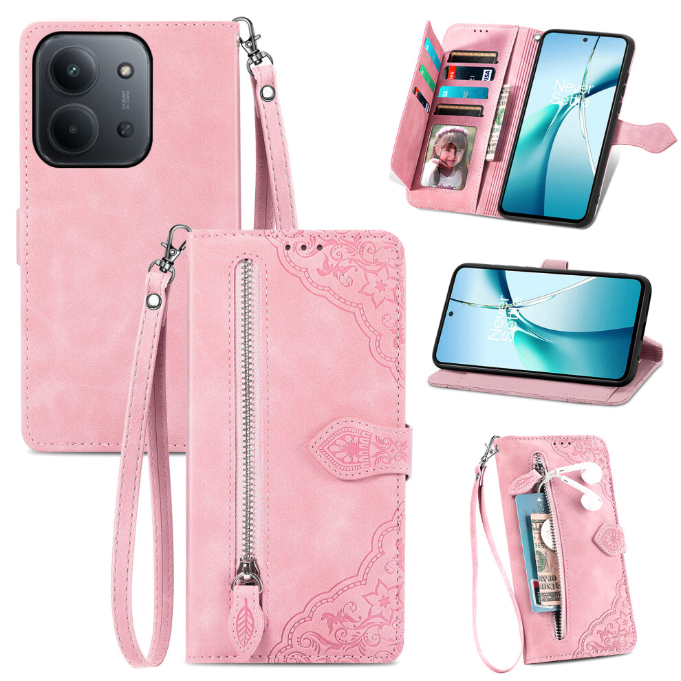 (Pink) For Xiaomi Redmi 15C 4G (Global) (171Mm) / Poco C85 4G (171Mm) Zipper Wallet Case With Strap Flower Imprint Pu Leather Phone Cov Pink 6914296616316