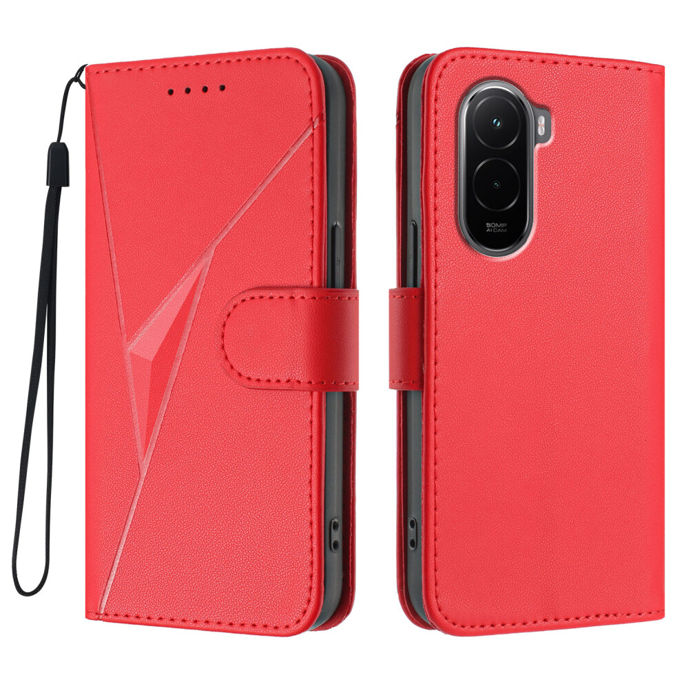 (Red) For Xiaomi Poco M7 4G (169Mm) Case Triangle Imprint Leather Phone Cover With Lanyard Red 6914296468199