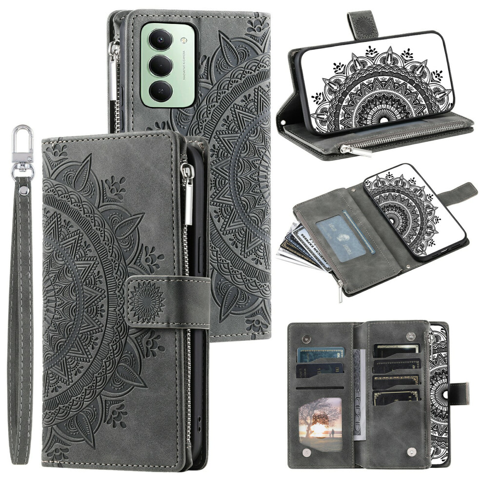 (Grey) For Xiaomi Redmi 15 5G (Global) (169Mm) Wallet Case Mandala Flower Pattern Pu Leather Phone Cover With Wrist Strap Grey 6914296989373
