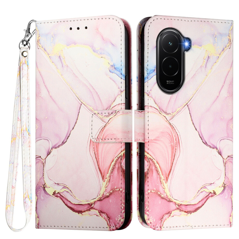 (Rose Ls005) For Xiaomi Poco M7 Plus 5G / M7 4G (169Mm) Case With Strap Marble Pattern Leather Phone Cover Card Holder Gold 6914299278702