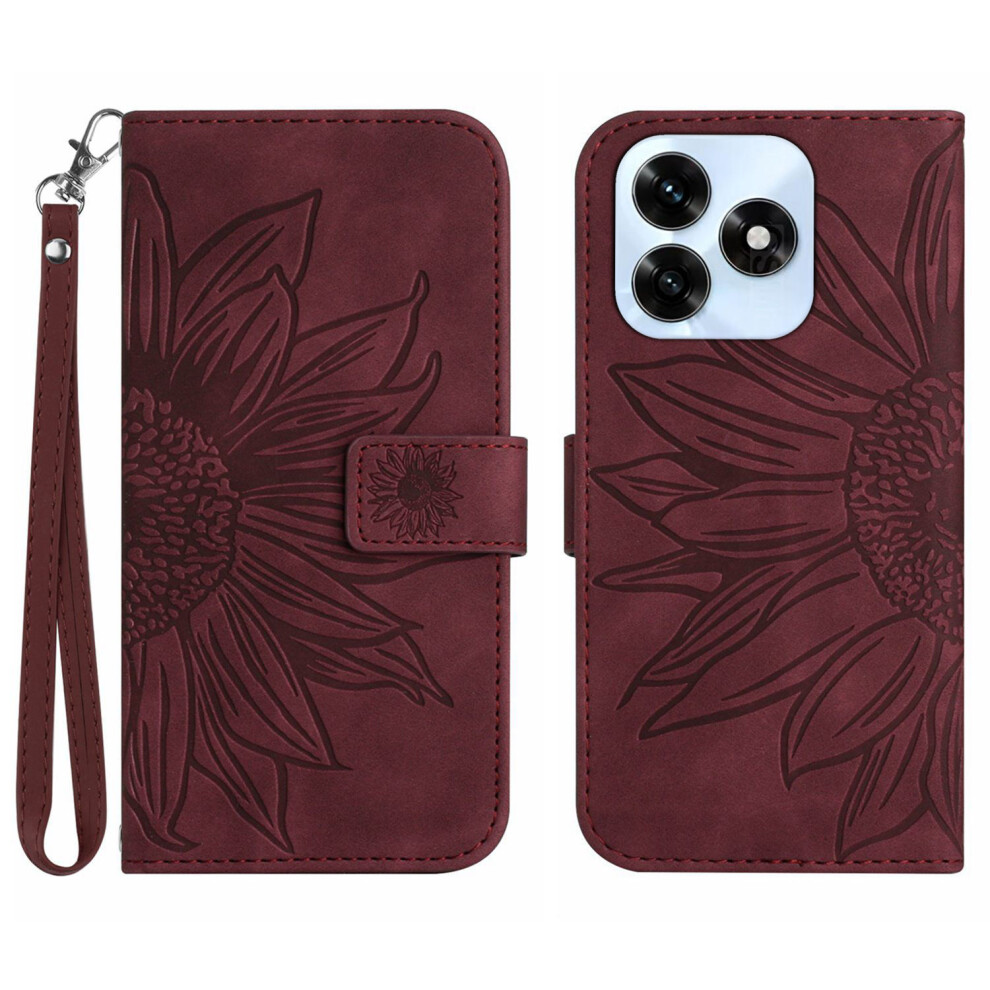 (Wine ) For Honor X5c Plus 4G Case Sunflower Imprint Leather Wallet Phone Cover With Wrist Strap Red 6914297689395