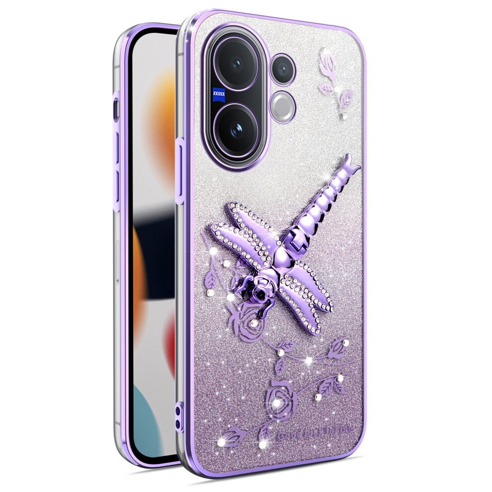 (Purple) Kadem For Vivo V60 5G Case Dragonfly Kickstand Tpu Flowers Glitter Phone Cover Purple 6914290290307