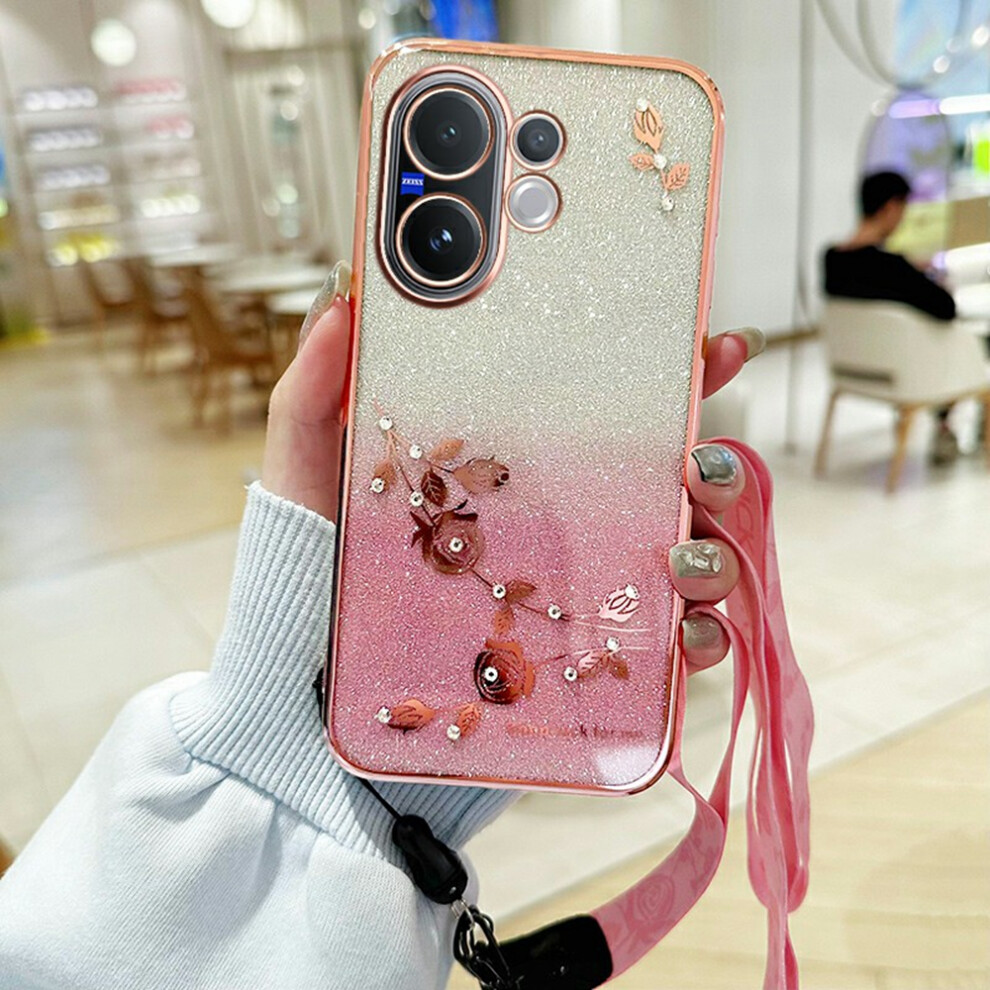 (Rose ) Kadem For Vivo V60 5G Case Flower Pattern Tpu Gradient Phone Cover With Lanyards Gold 6914298261644