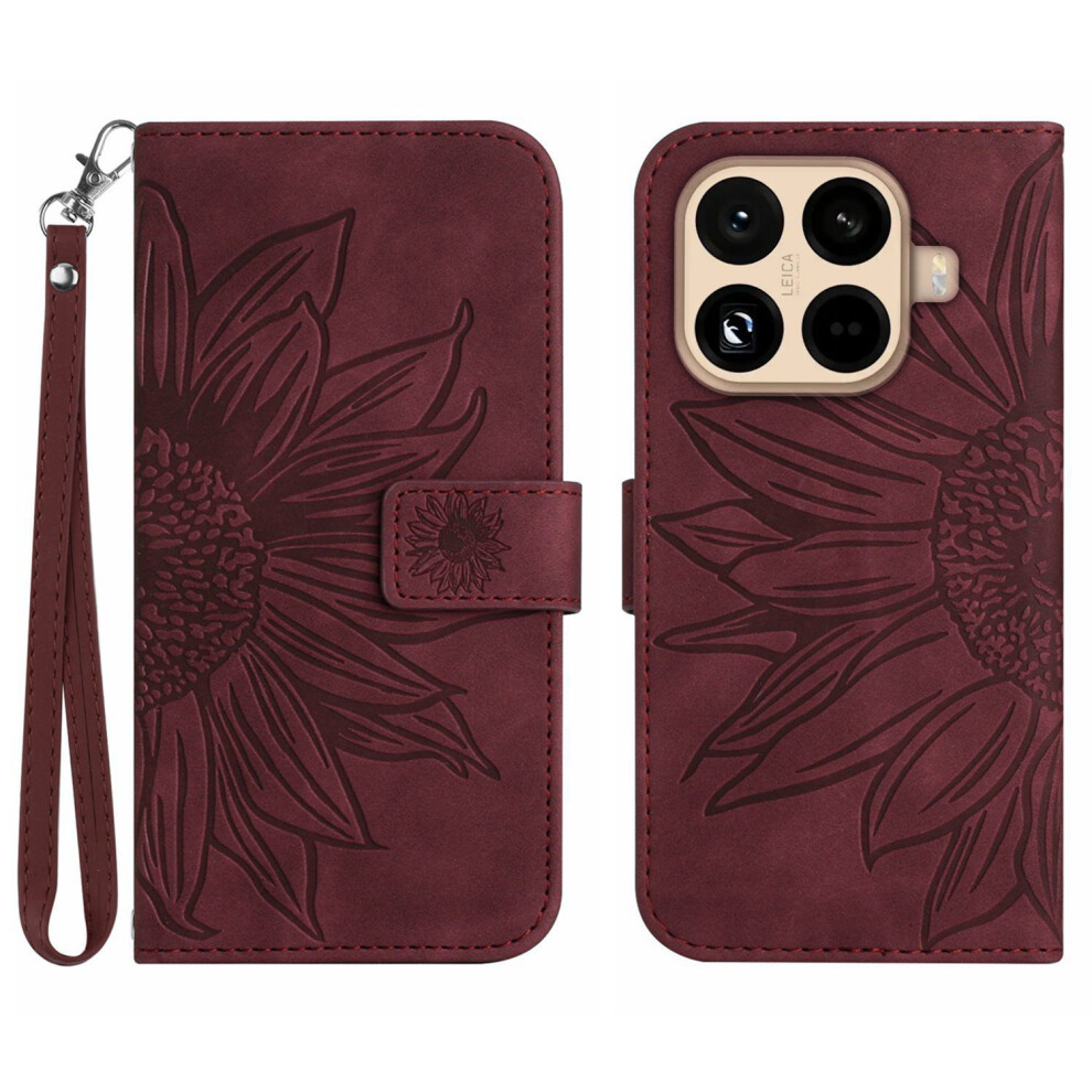 (Wine ) For Xiaomi 15T Pro Case Sunflower Imprint Leather Wallet Phone Cover With Wrist Strap Red 6914299303060