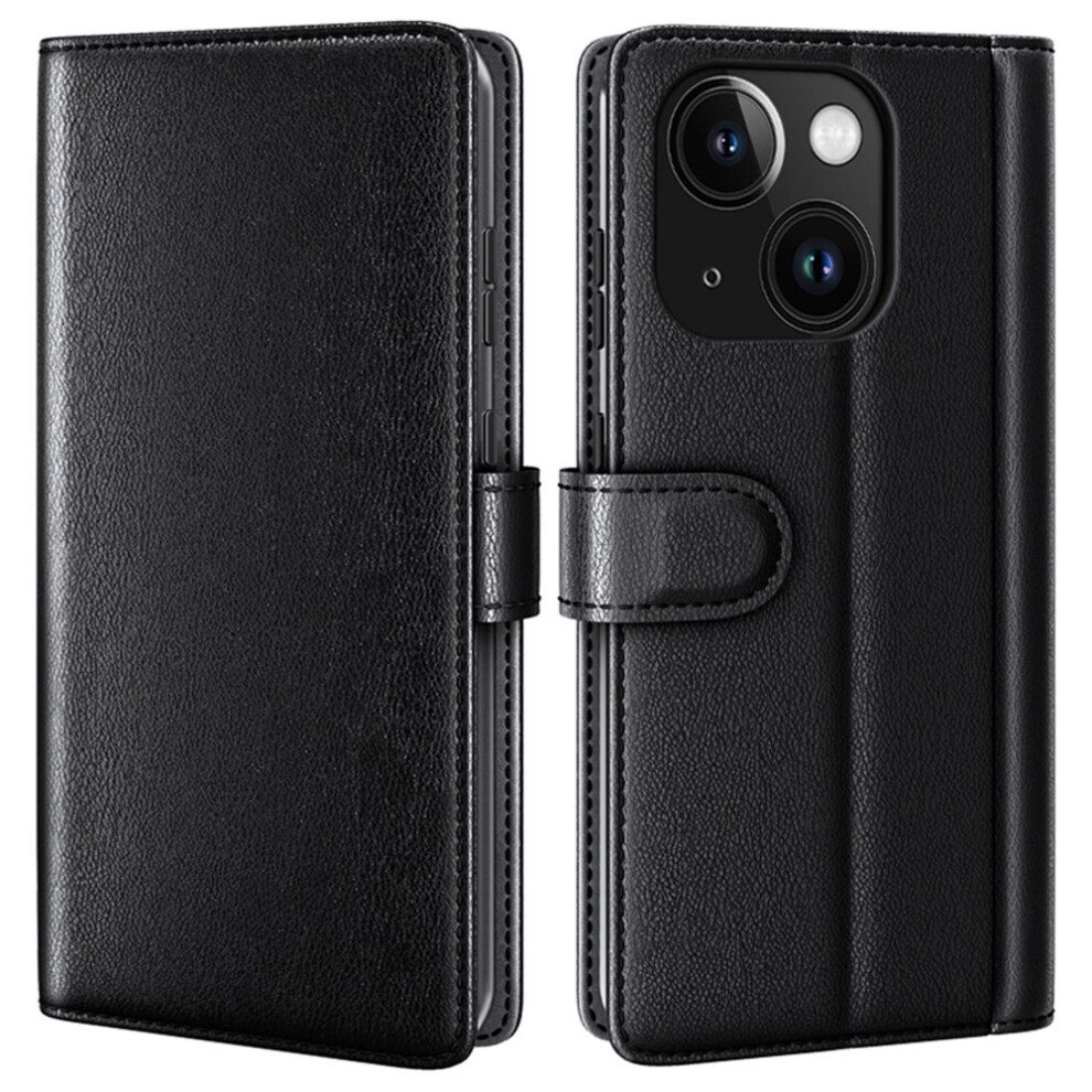 (Black) Amorus For Iphone 15 Stand Cases Calf Texture Genuine Split Leather Wallet Phone Cover Black 6914290919437