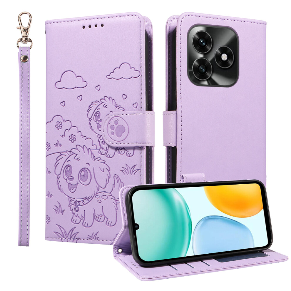 (Purple) For Honor X5c Plus 4G Case Rfid Blocking Imprinted Dog Pattern Pu Leather Phone Cover With Wrist Strap Purple 6914292378850