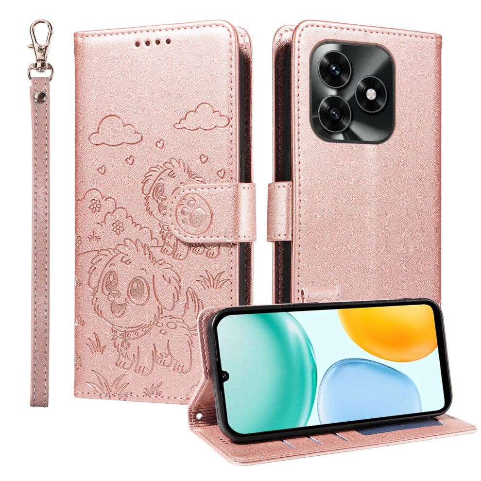 (Pink) For Honor X5c Plus 4G Case Rfid Blocking Imprinted Dog Pattern Pu Leather Phone Cover With Wrist Strap Pink 6914297087962