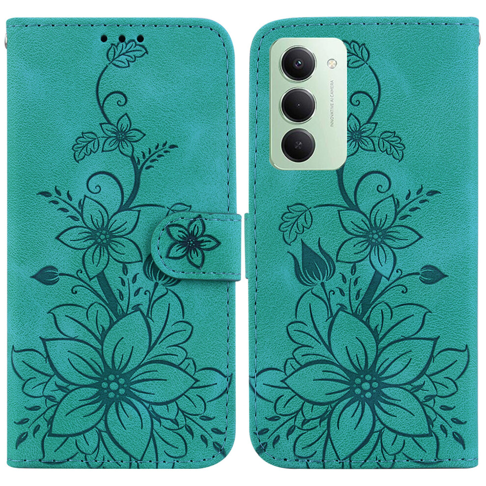 (Green) For Xiaomi Redmi 15 5G (Global) (169Mm) Stand Case Lily Flower Imprint Leather Phone Cover With Wrist Strap Green 6914297758572