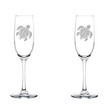 Set van 2 champagneflutes/mousserende wijnglazen met zeeschildpadmotief (237 ml, met voet)