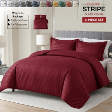 (King, Burgundy) Premium Stripe Duvet Cover Set & Pillowcase Pair