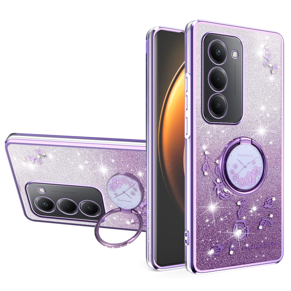 (Purple) Kadem For Xiaomi Redmi 15 5G (Global) (169Mm) Case Ring Kickstand Tpu Flowers Phone Cover Gradient Glitter Purple 6914298067611