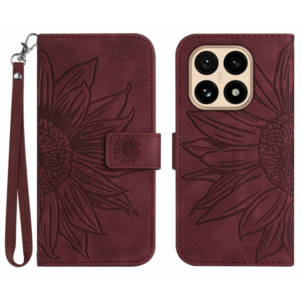 (Wine ) For Xiaomi 15T Case Sunflower Imprint Leather Wallet Phone Cover With Wrist Strap Red 6914292254352