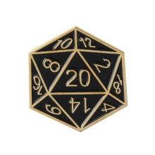 D20 Dice Brooch for Role Playing Games Black Yellow
