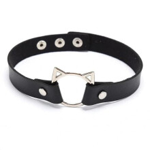 Halsband mit O-Ring, Katzenohr, schwarz, aus PU-Leder, Kawaii-Anime-Stil, schwarz